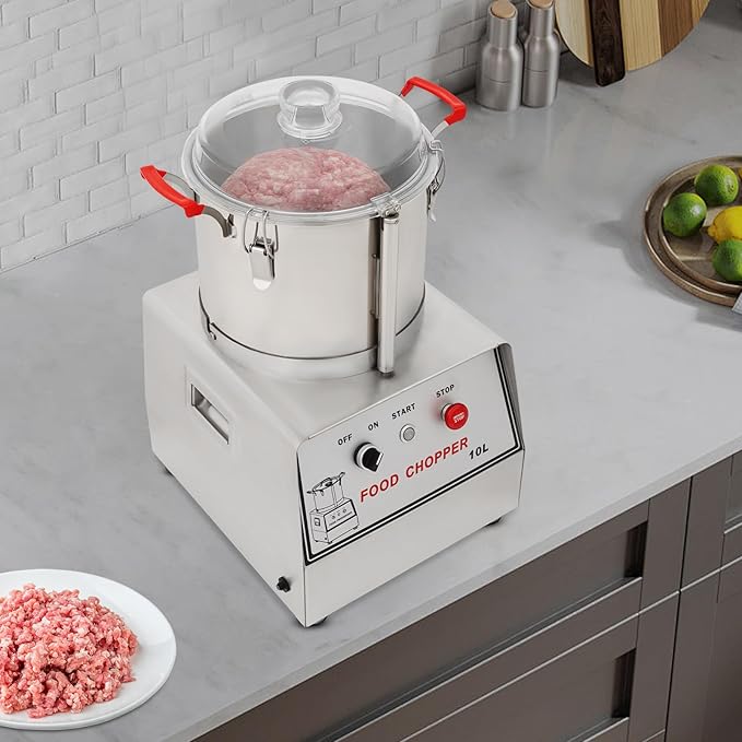 1100W Commercial Food Processor, 10L Stainless Steel Electric Food Chopper Machine, 1400RPM Grinder with Safety Lock & Clear Lid