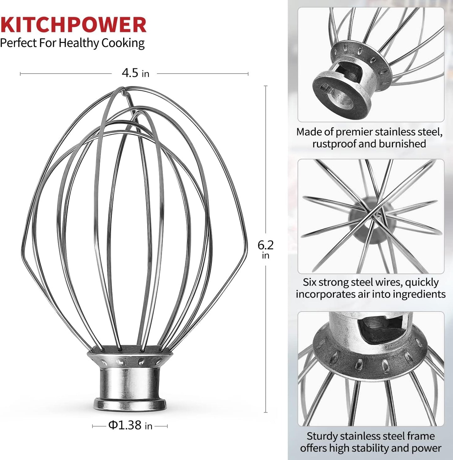K45WW Wire Whip Attachment for Tilt-Head Stand Mixer for KitchenAid Stainless Steel Egg Cream Stirrer, Flour Cake Balloon Whisk