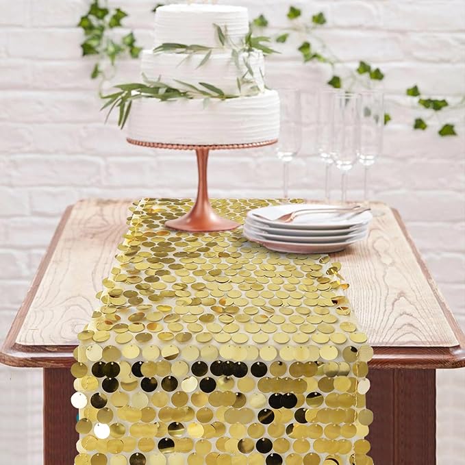12 x 108 Inch Gold Sequin Table Runner Glitter Rectangle Big Sequin Table Runner for Wedding Party Birthday Christmas Halloween Decoration (1 Pack)