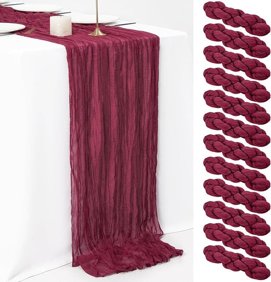 12 Pack 10Ft Burgundy Cheesecloth Table Runner 35 x 120 inch Boho Gauze Cheese Cloth Table Runner Vintage Rustic Sheer Runners for Wedding Bridal Shower Birthday Party Cake Table Decorations