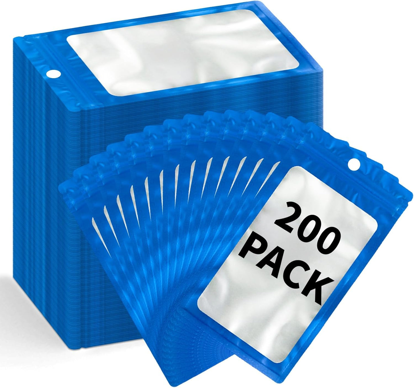200 Pack Resealable Mylar Holographic Bags Food Storage Smell Proof Bags with Front Window Foil Packaging Pouch for Candy Sample Jewelry Small Business 3.54×6.29 Inch, Blue
