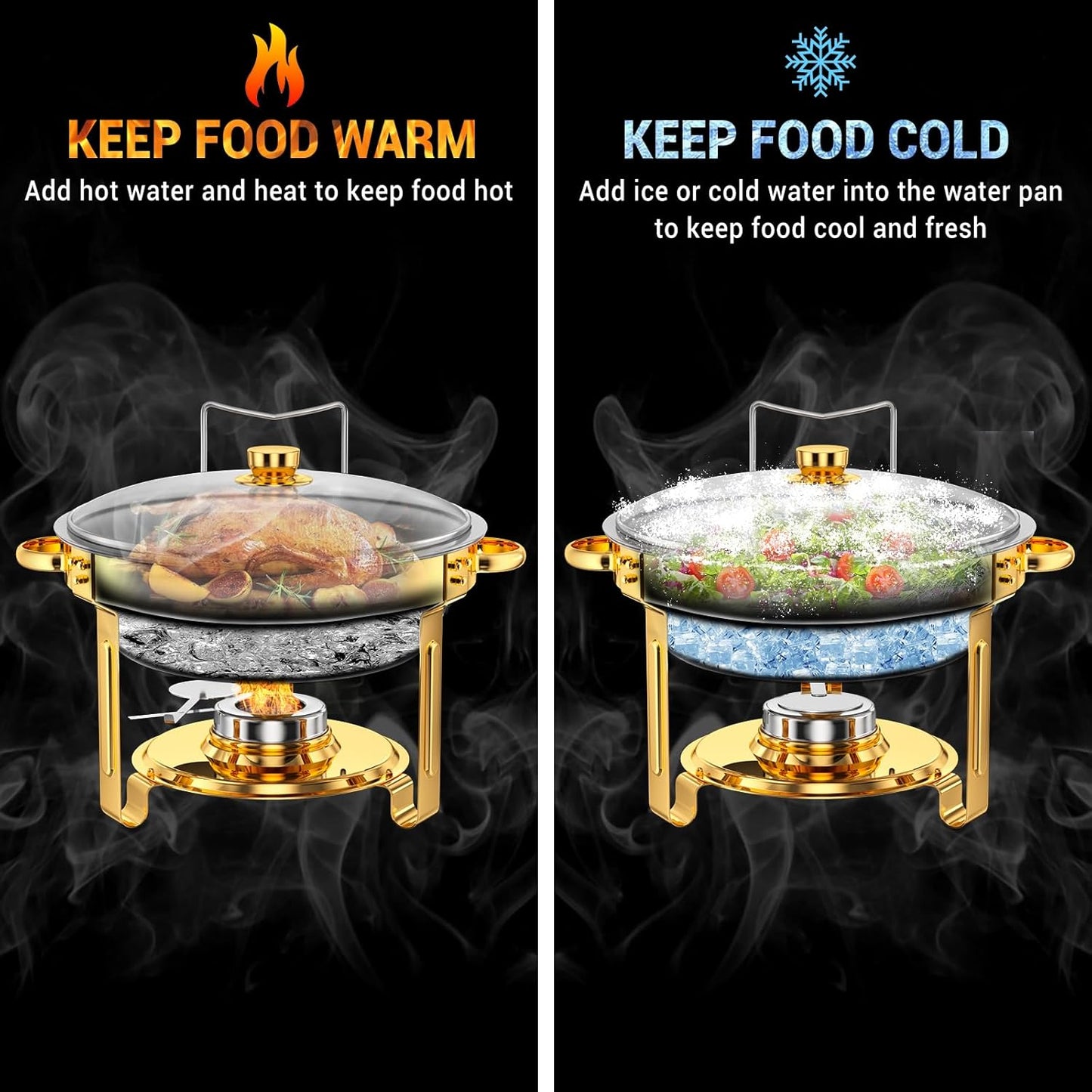 Round Chafing Dishes for Buffet 5 Qt,High Grade Chafing Dish Buffet Set, Full Size Pan,Rolled-Edge Design Food Warmers for Parties,Buffet,Wedding,Birthday,Camping 4 PACK (Gold-Glass)