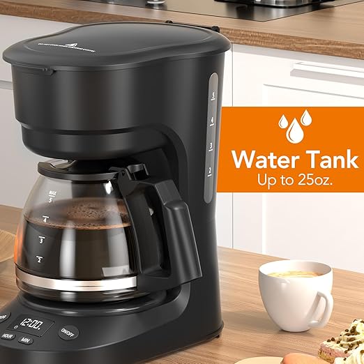 Compact 5-Cup Programmable Drip Coffee Maker — the essential coffee machine with Digital Clock, 24-hour Timer, Auto Shut-Off, and a Removable Filter Basket for Home & Office.
