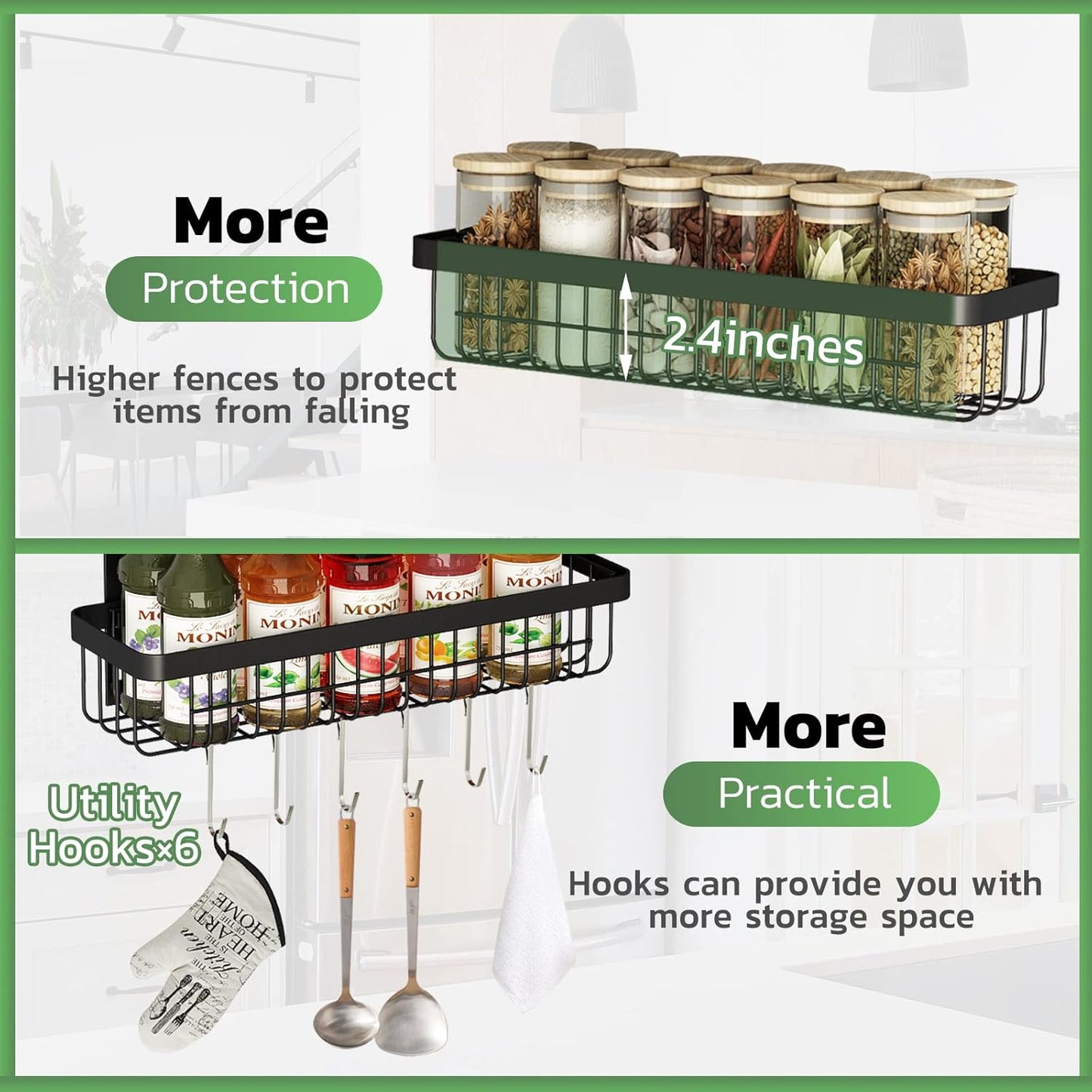 Warome Magnetic Spice Rack for Refrigerator, 4 Pack Shelves with 6 Utility Hooks, Kitchen Organization and Storage Gadgets