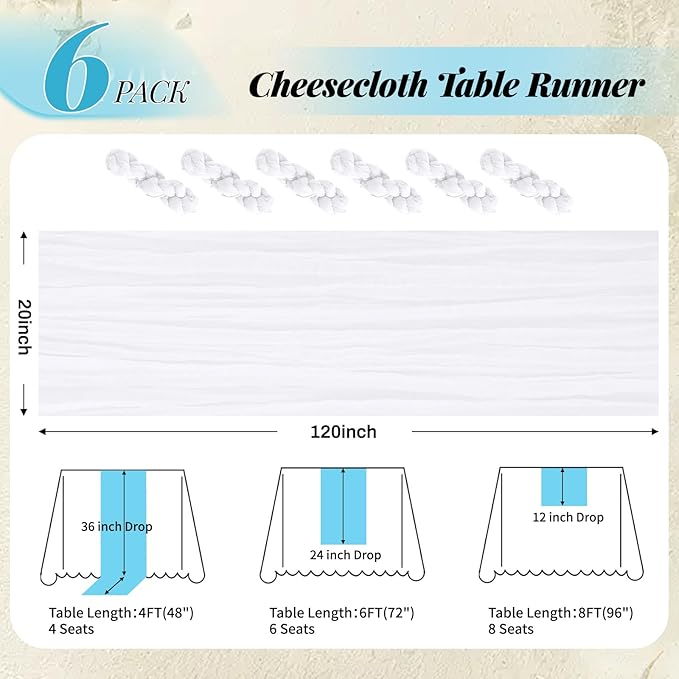 Aktor 6 Pack White Cheesecloth Table Runner 10Ft Gauze Table Runner Boho Semi Sheer Cheese Cloth Fabric Runners for Wedding Birthday Baby Shower Party Table Decoration（White）