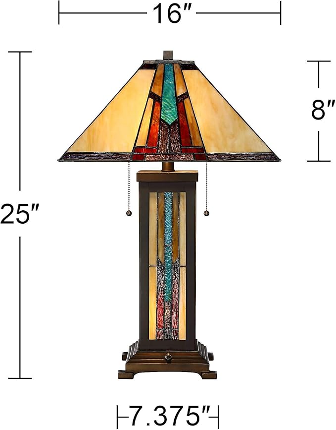 Robert Louis Tiffany Ranier Mission Tiffany Style Table Lamp with Nightlight 25" High Bronze Brown Antique Stained Art Glass for Living Room Bedroom House Bedside Nightstand Home Office Family