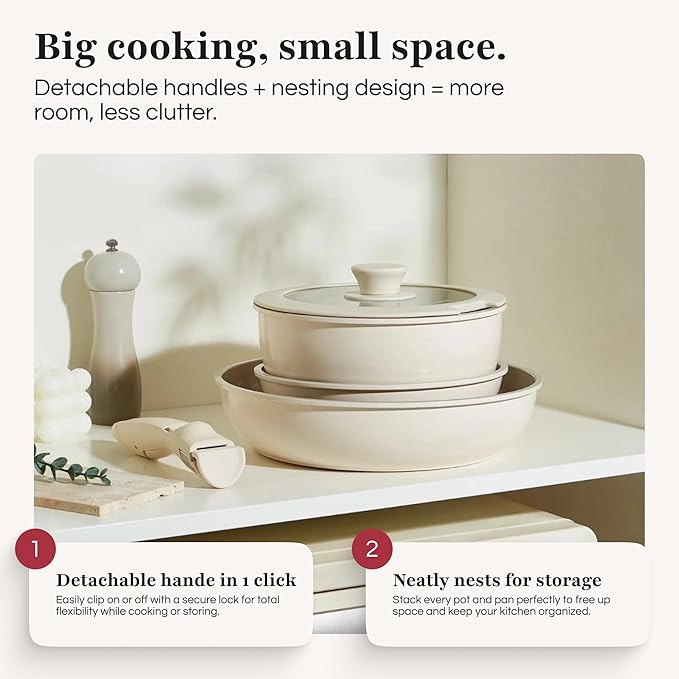 GOURMETIFIC® Pots and Pans Cookware Set [11 PIECES] - Non Toxic Ceramic Coated Cooking Ware - Induction, Gas & Oven Kitchenware - Non Stick Pot & Pan with Removable Handles & Stackable (Terracotta)