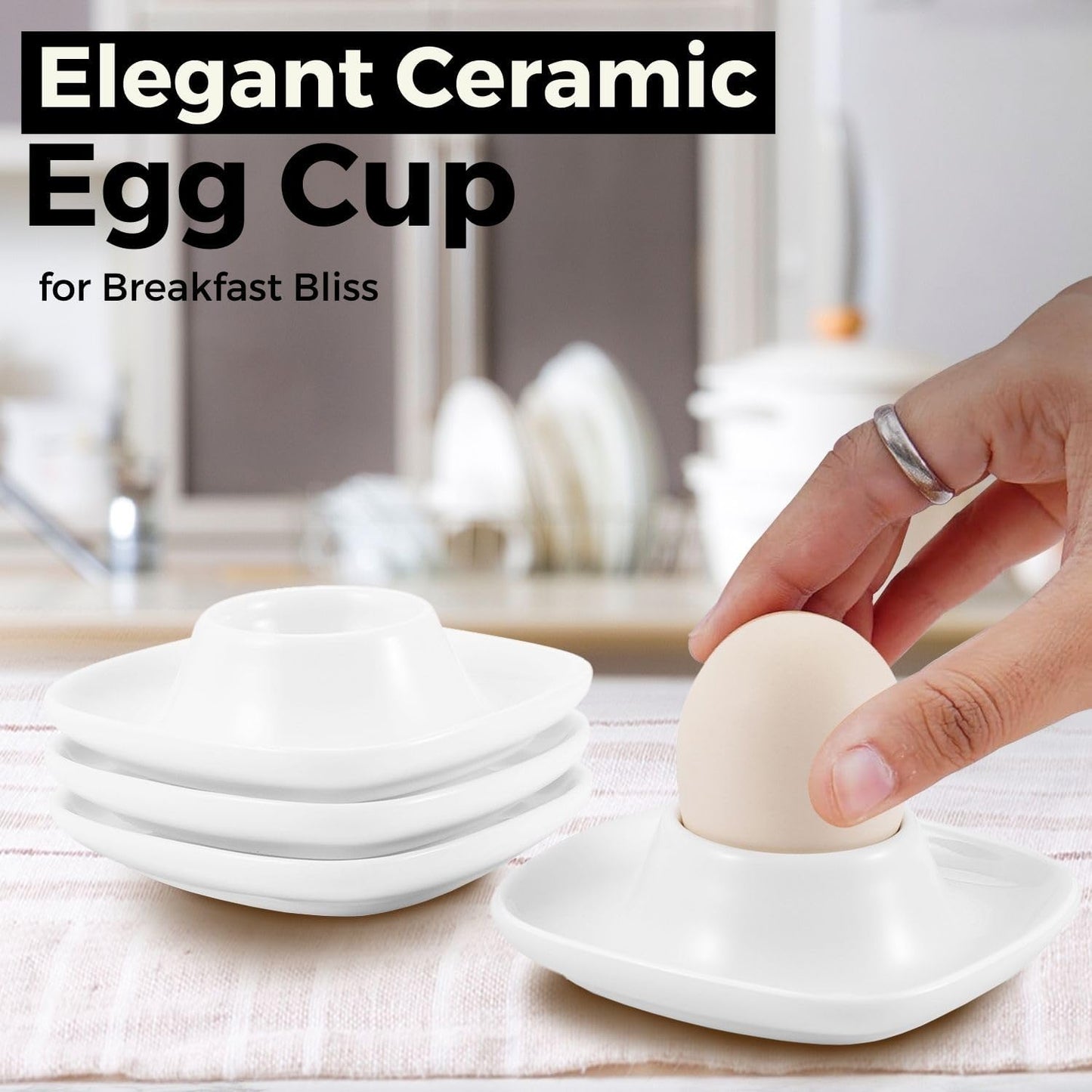 Flexzion Soft Boiled Egg Holder Set - 4-Piece White Ceramic Egg Cup, Stackable Egg Coddler Cups with Base for Serving, Breakfast, Brunch - Kitchen Table Decor, White