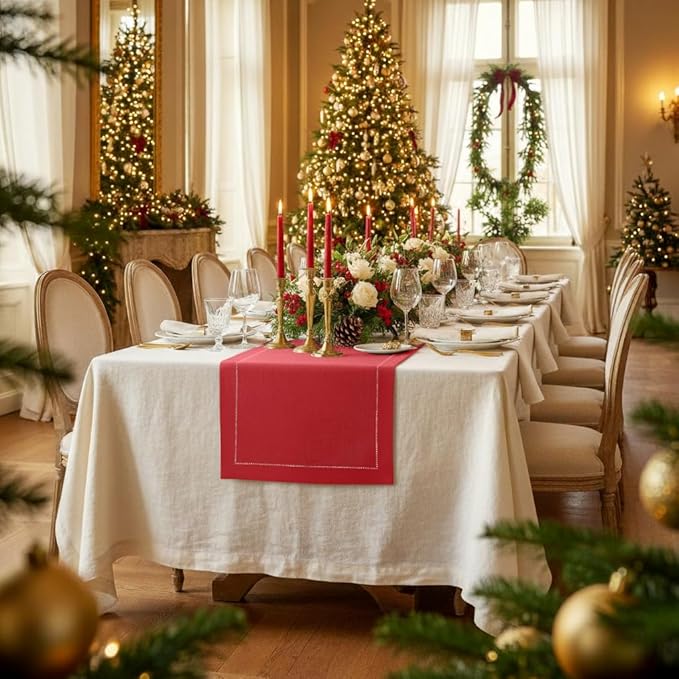 D'Moksha Homes Linen Bright Red Table Runner 90 Inches Long - Classic Hemstitch 100% Pure Linen Dining Table Runner 14 x 90 Inch for Winter, Christmas, Holiday, New Year