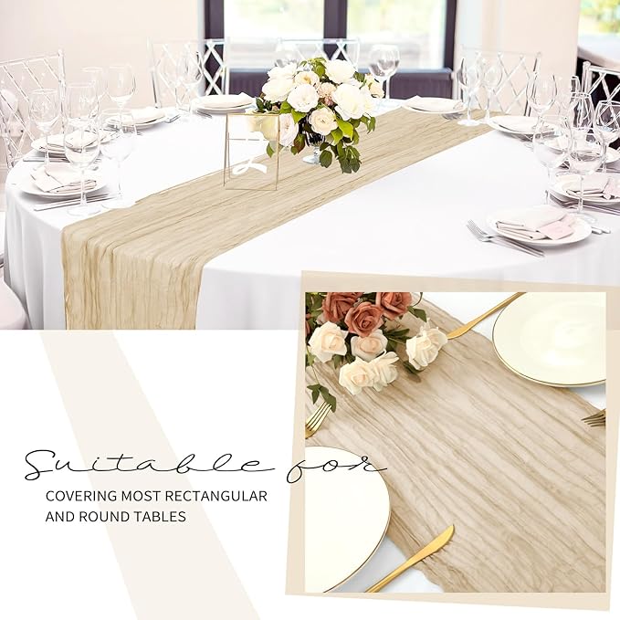 12 Pack Cheesecloth Table Runner 20 x 120 inch Cheese Cloth Table Runner Bulk,Romantic Boho Sheer Gauze Fabric Table Runners for Wedding Reception,Party,Bridal Shower Table Decor(Beige)