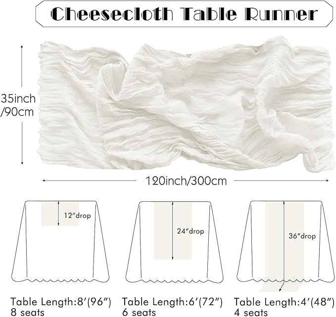 IVAPUPU 4 Pcs Cheesecloth Table Runner - 10ft Ivory White Boho Gauze Cheese Cloth Table Runners for Baby Shower Decoration Wedding Party Summer Garden Farmhouse