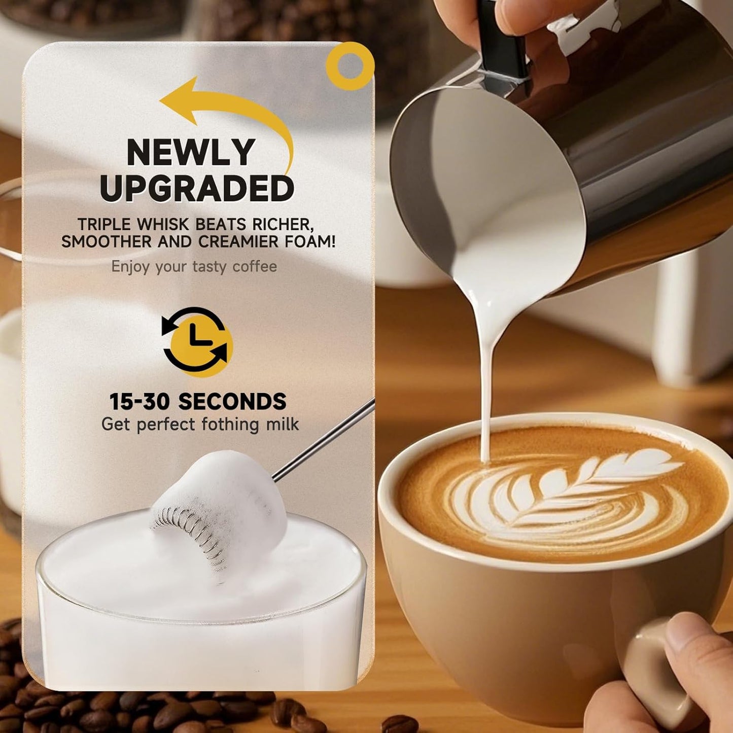 Electric Milk Frother Handheld, Triple-whisk 3-Speed Coffee Drink Mixer with 3 Stainless Steel Whisks (Including Triple-Spring Frothing Whisk) – Stand Included for Cappuccino, Latte, Egg Whisking