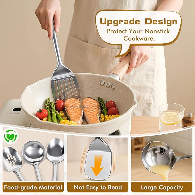 13 Pcs Stainless Steel Cooking Utensils Set, Heat Resistant Metal Kitchen Tools Include Utensil Holder, Solid & Slotted Spatula, Spoon, Ladle, Pasta Server,Potato Maseher, Egg Whisk, Meat Fork, Silver