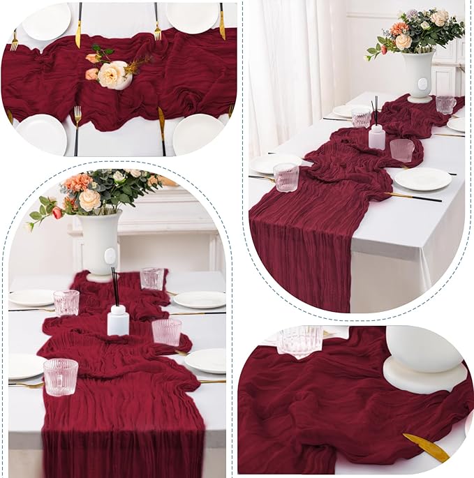 12 Pack Burgundy Table Runners 10FT Cheesecloth Table Runner 21 x 120 inch Boho Gauze Cheese Cloth Table Runner Rustic Sheer Table Runners for Party Wedding Bridal Baby Shower Birthday Table Decor