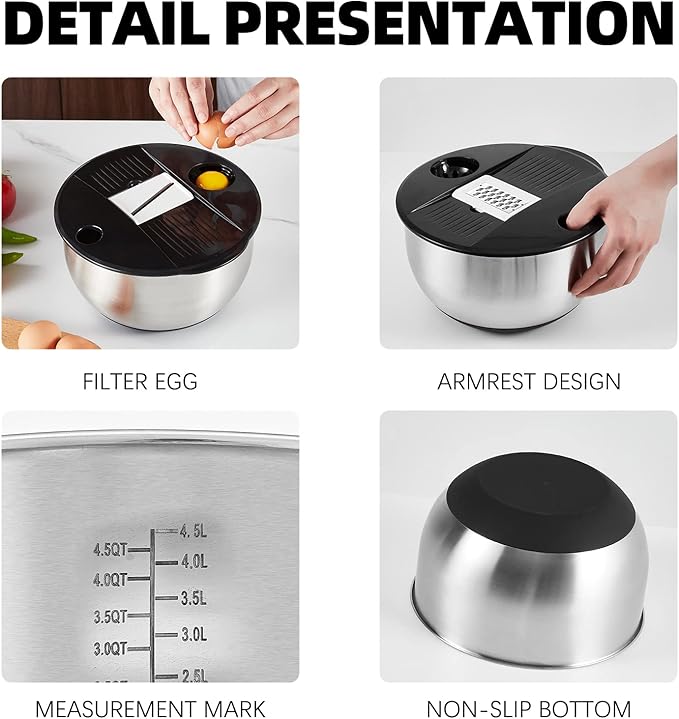 Mixing Bowls with Lids Set,Pack of 3 Stainless Steel Nesting Bowls with Grater Airtight Lids Non-Slip Bottoms for Slicing,Shredding,Grating,Mixing,Cooking,Baking(Black)