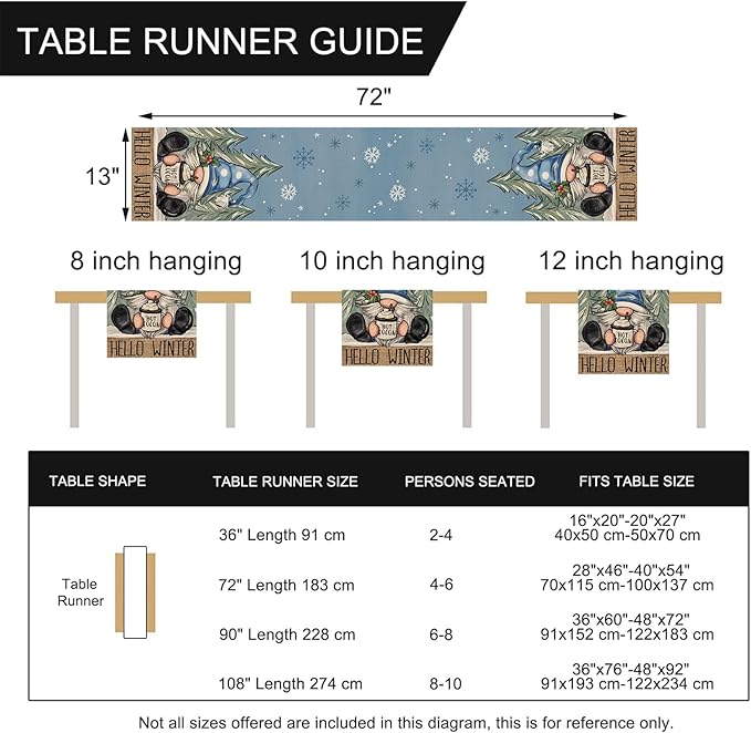 Seliem Hello Winter Blue Gnome Table Runner, Pine Tree Snowflake Hot Cocoa Farmhouse Kitchen Dining Table Decor, Christmas Holiday Rustic Home Decoration Indoor Outdoor Party Supply 13 x 72 Inches