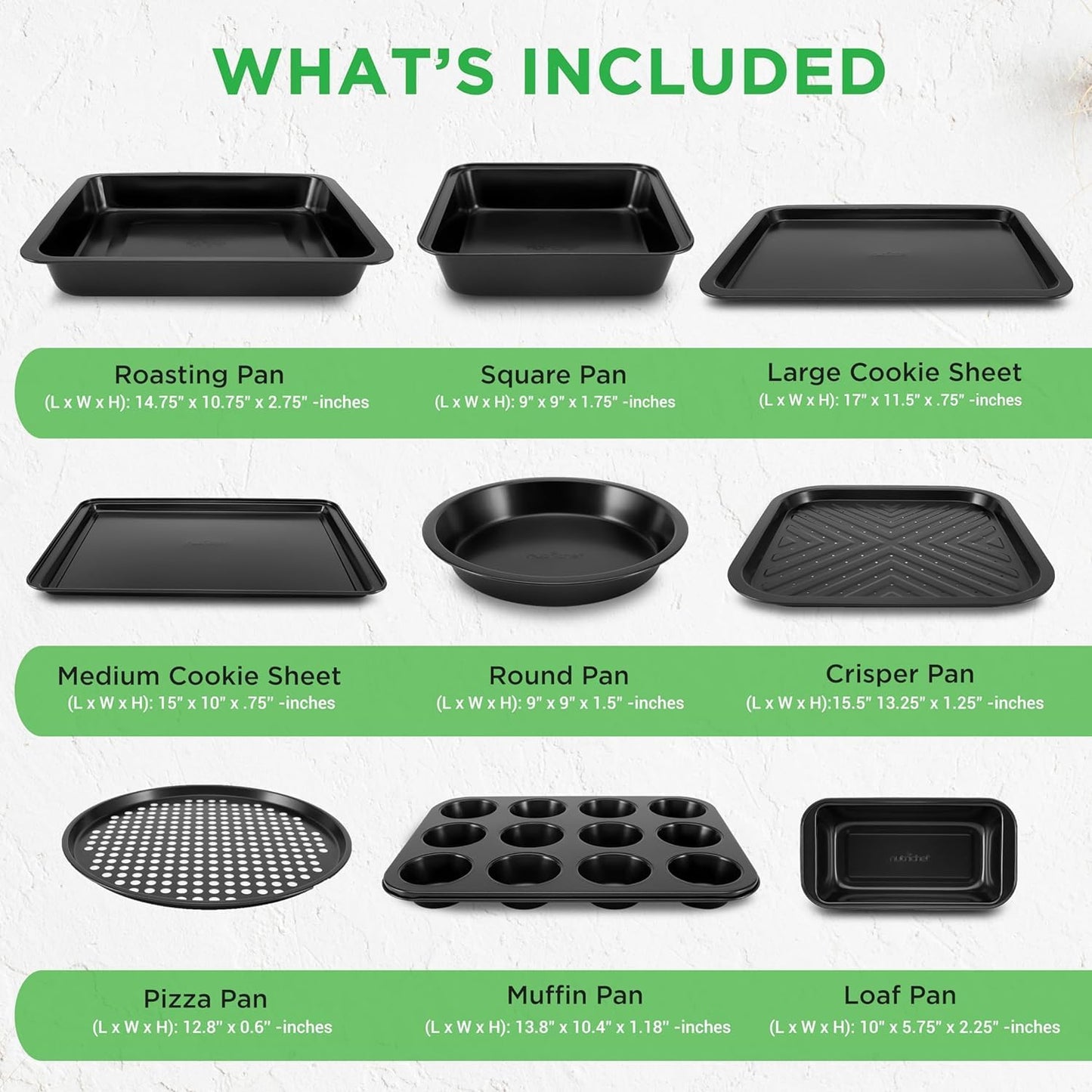NutriChef 10-Piece Non-Stick Baking Set – Heavy-Duty Carbon Steel Bakeware Set w/ Cookie Sheets, Muffin Pan, Roasting Pan, Cake Pan, Baking Tray, Pizza Pan – Effortless Food Release & Easy Cleanup
