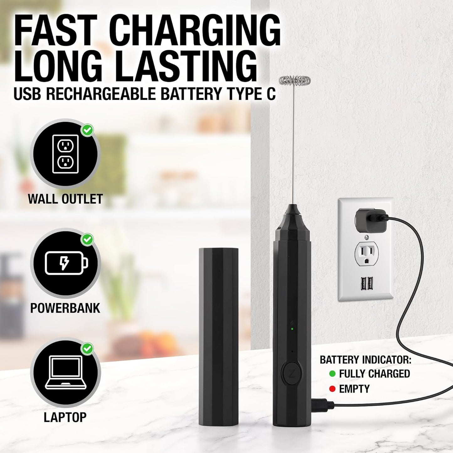 Zulay Froth N Go Milk Frother Rechargeable - 3-in-1 Frother Wand With Case & USB-C Charger - Comes With 3 Whisk Attachments for Latte, Cappuccino, Matcha, Protein Shakes - Black