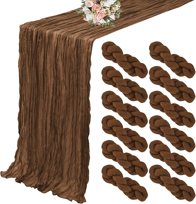 12 Pack Cheesecloth Table Runner 20 x 120 inch Cheese Cloth Table Runner Bulk,Romantic Boho Sheer Gauze Fabric Table Runners for Wedding Reception,Party,Bridal Shower Table Decor(Brown)