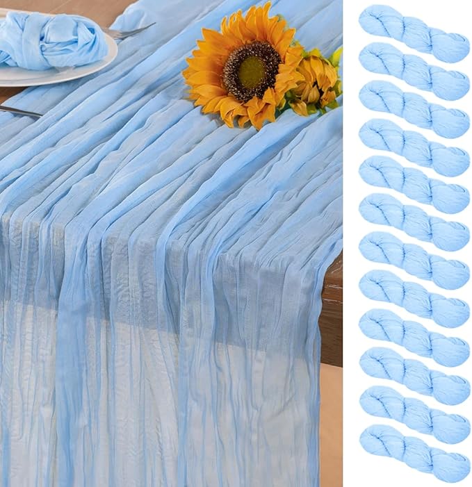 Baby Blue Cheesecloth Table Runner 12 Pack Christmas Table Runners Boho Gauze 120 Inches Light Blue Table Decor for Xmas Holiday Season Parties Wedding Bridal Baby Boy Shower Birthday