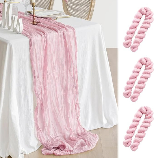 3 Pcs 35"×120" Light Pink Cheesecloth Table Runner, Cute Pleated Boho Gauze Rustic Sheer Translucent Runner, Table Decorations for Valentine Wedding Baby Shower Birthday Holiday Home Decor