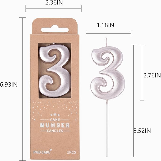 PHD CAKE 2.76 Inch Elegant Rose Gold 3 Number Birthday Candles, Rose Gold Number Candles, Cake Number Candles, Party Celebration