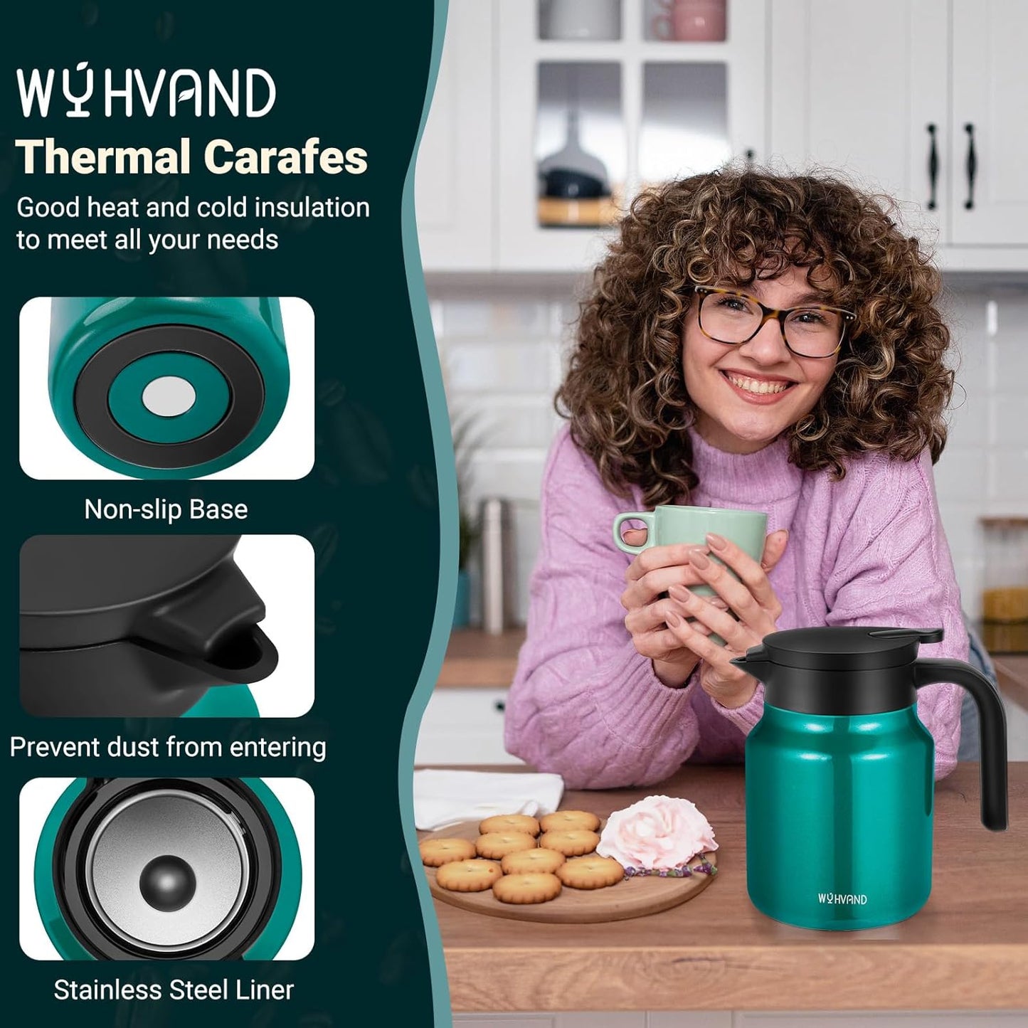 34Oz Thermal Coffee Carafe for Hot/Cold, Stainless Steel Thermos Carafes for Hot Liquids, Dustproof Insulated Hot Water Carafe for Party/Home,Agave Teal