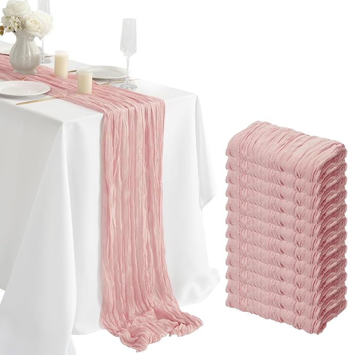 combocube 12 Pack 35x120 Inch 10Ft Cheesecloth Table Runner Long Gauze Rustic Romantic Table Cloth for Wedding Reception Bridal Shower Birthday Party Table Decorations, Dusty Pink