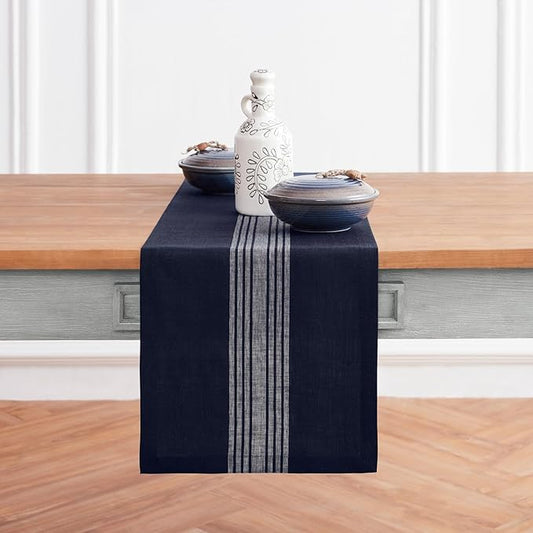 Solino Home Linen Table Runner 120 Inches Long - 100% Pure Linen Farmhouse White and Navy Table Runner 14 x 120 Inch Ideal for Dining, Christmas, New Year, Holiday