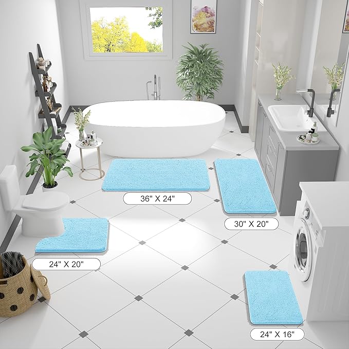 OLANLY Bathroom Rugs 47x17, Extra Soft Absorbent Chenille Bath Rugs, Rubber Backing Quick Dry, Machine Washable Bath Mats for Bathroom Floor, Tub and Shower, Home Decor Accessories, Sky Blue