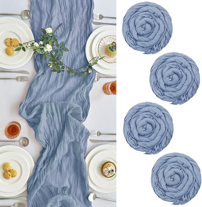 IVAPUPU 4 Pcs Cheesecloth Table Runner - 10ft Dusty Blue Boho Gauze Cheese Cloth Table Runners for Baby Shower Decoration Wedding Party Summer Garden Farmhouse