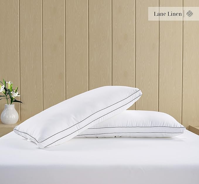 LANE LINEN Bed Pillows Standard Size Set of 2, Medium Soft Support Gusseted Hotel Pillows, Down Alternative Standard Pillow for Side Sleepers, Machine Washable, Comfortable for Quality Sleep - White