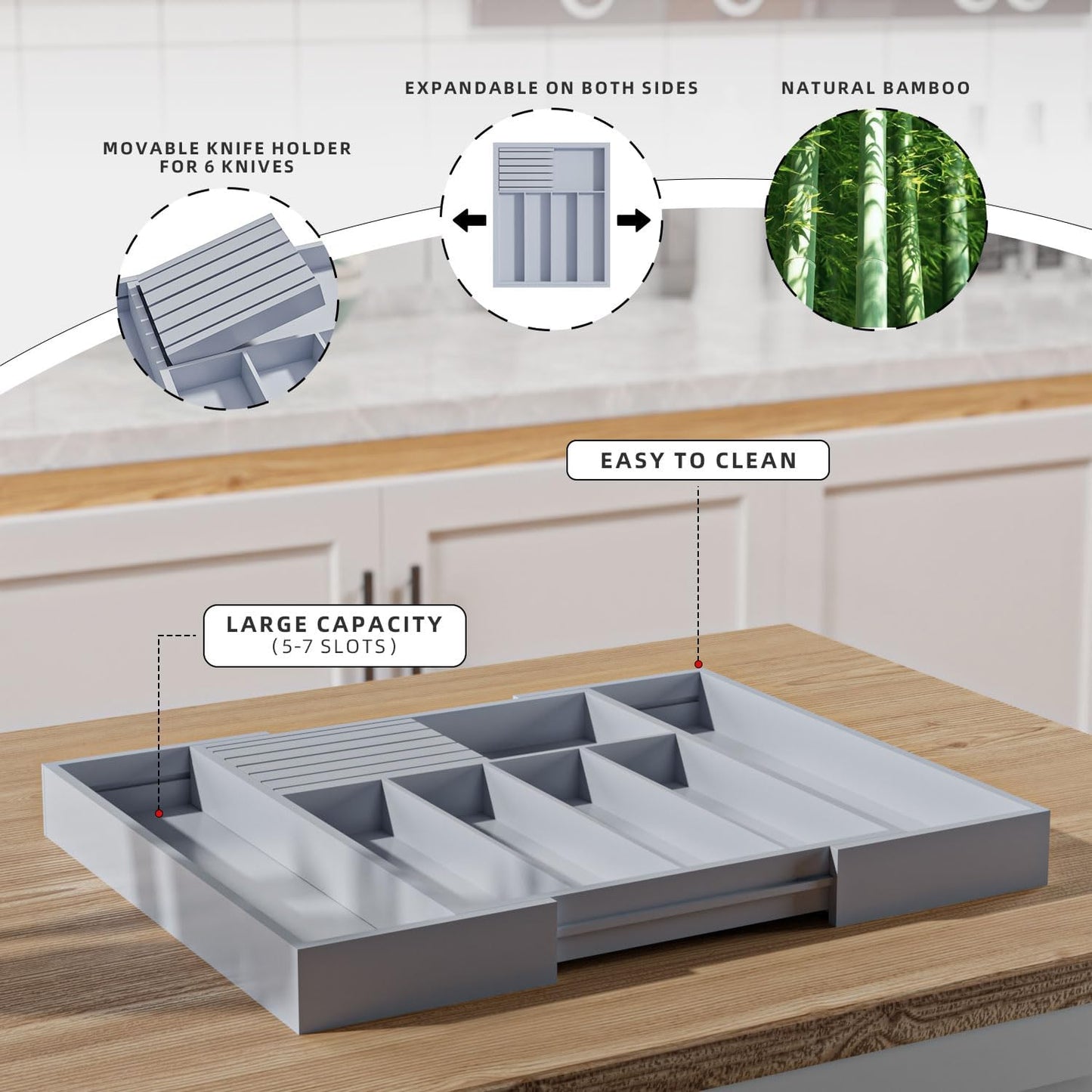 Large Utensil Drawer Organizer with Divider - Removable Kitchen Knife Holder Bamboo Adjustable Flatware Organizer for Drawer W12.8-20.2" x L16 x H2 (Grey)