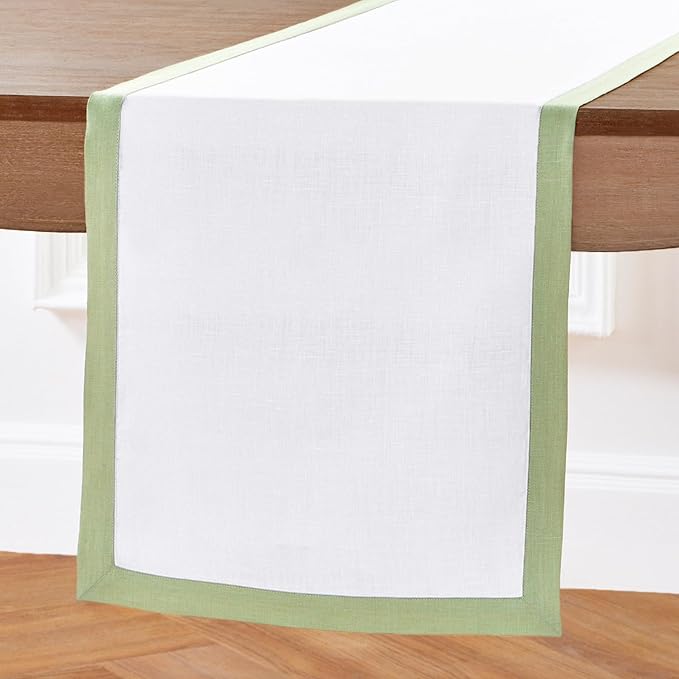 Solino Home Linen Table Runner 60 Inches - 100% Pure Linen Sage Green and White Table Runner 14 x 60 Inch Ideal for Dresser and Coffee Tables - Winter, Christmas - Classic
