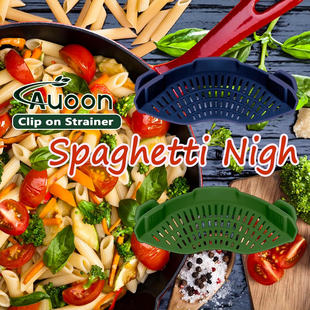 AUOON Clip On Strainer Silicone for All Pots and Pans, Pasta Strainer Clip on Food Strainer for Meat Vegetables Fruit Silicone Kitchen Colander (Navy)