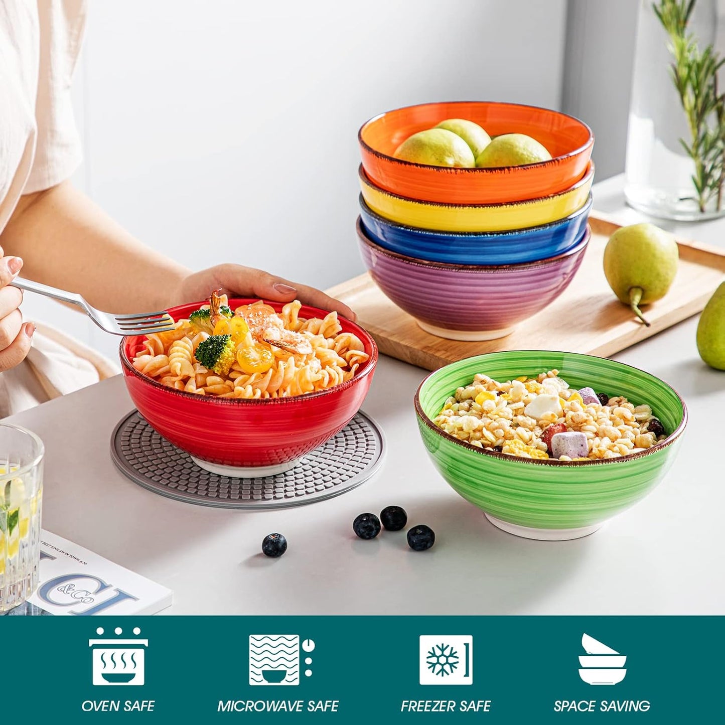 vancasso Bonita Cereal Bowls Set of 6-27 Oz Ceramic Soup Bowls, Microwave & Dishwasher Safe, 6 Inch Colorful Serving Bowls for Kitchen