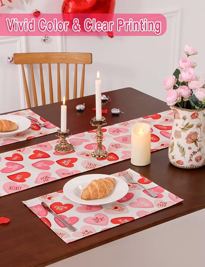 Pink Ture Love Heart Valentine's Day Table Runner 13"x72" & 4 Pcs 12"x18" Placemats Sets with 12 Heart Balloons, Love Letter Balloons, Stickers & Blowing Straw for Home Party Decor