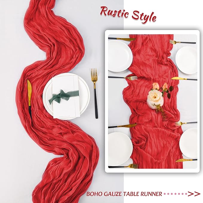 12 Pack Red Table Runner 10FT Cheesecloth Table Runner 21 x 120 inch Boho Gauze Cheese Cloth Table Runner Rustic Sheer Table Runner for Party Wedding Bridal Baby Shower Christmas Table Decor
