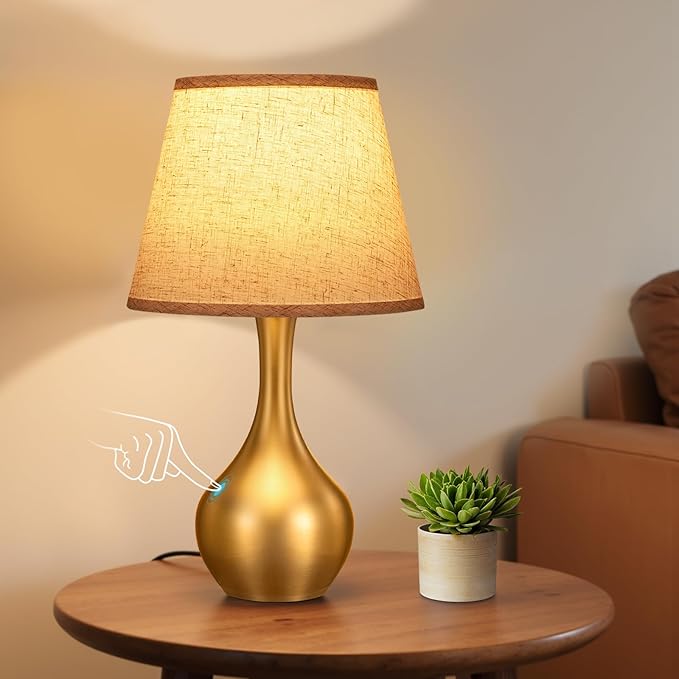 Seealle Touch Table Lamps for Nightstand, 3-Way Dimmable Small Bedroom Lamps for Night Stands, Gold Bedside Lamps for Living Room, Kids Room, End Table(LED Bulb Included)