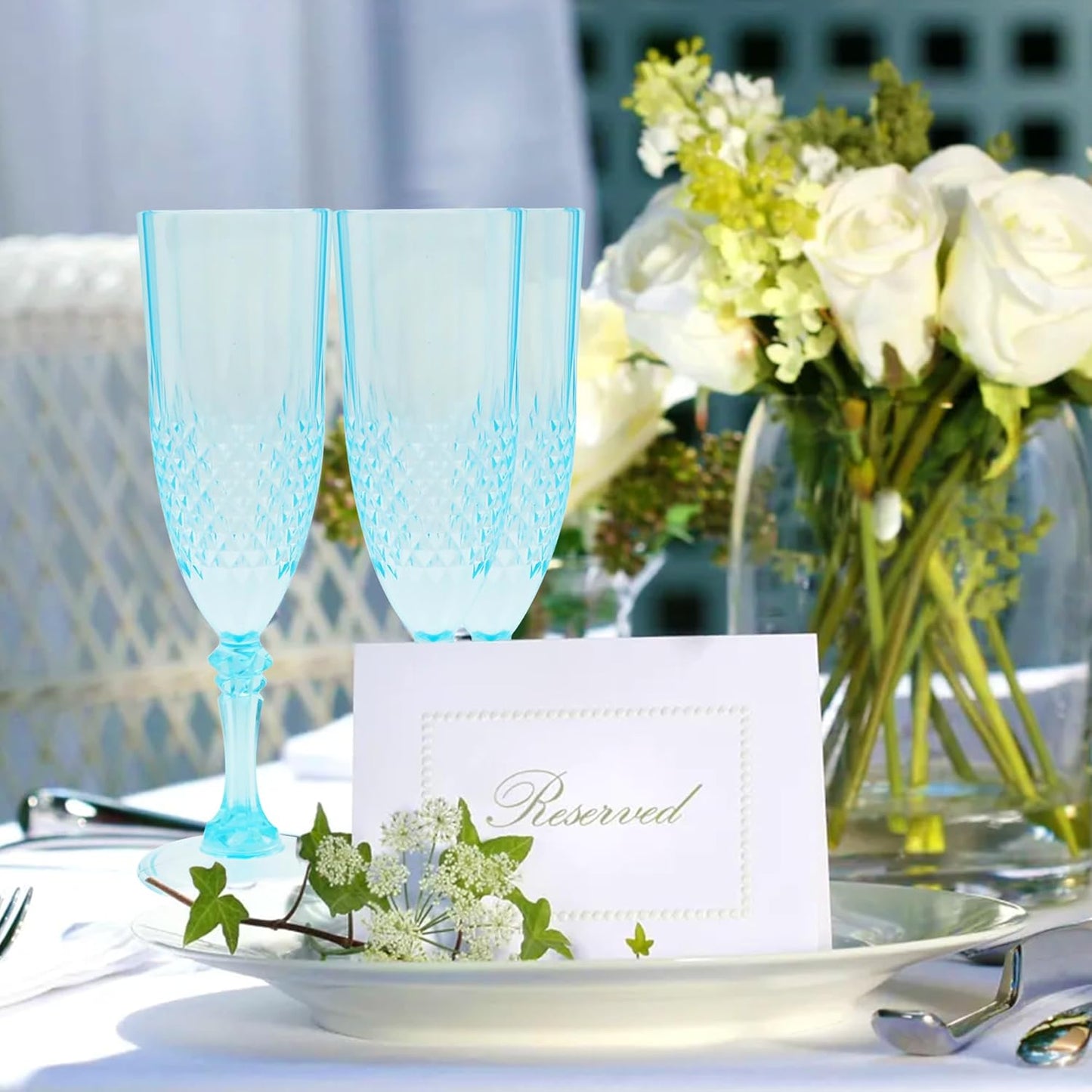 Plastic Champagne Flutes, 12PCS Light Cyan Wine Glasses Goblets Reusable Champagne Flute for Weddings, Bachelor Parties, Toasting, and Events(12,Light Cyan)