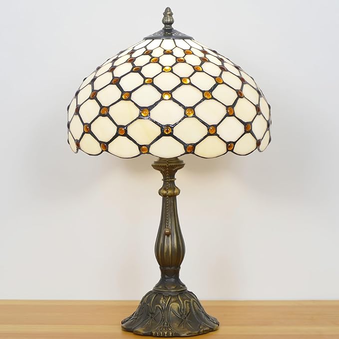 Tiffany Lamp Stained Glass Table Lamp Antique Bedside Reading Light W12H19 Inches (Cream Amber Pearl)