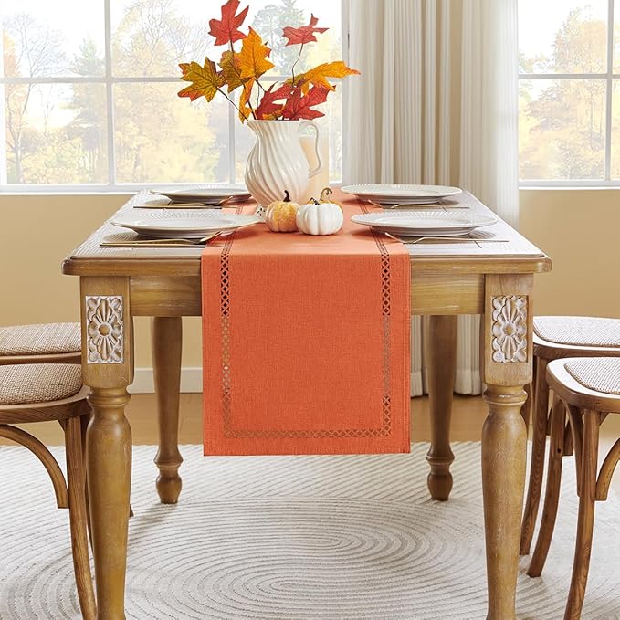 Fall Table Runner Decorations, Burlap Style Farmhouse 13 x 48 Inch Orange Table Runner, Rustic Geometric Hollow Table Runners 48 Inches Long for Autumn Thanksgiving Decorations, 13x48 Inches, Orange