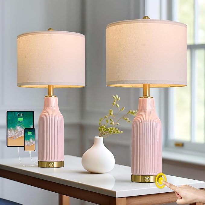 24.5" Modern 3-Way Dimmable Touch Control with USB A+C Ceramic Lamps Set of 2 Table Lamp for Living Room Bedroom Farmhouse Nightstand Bedside Pink