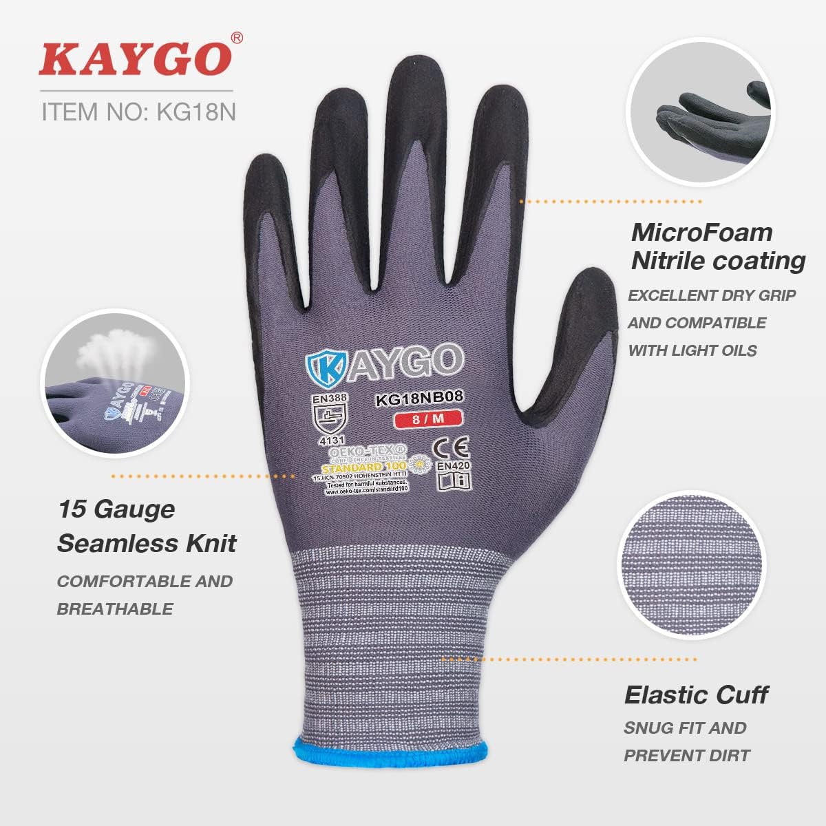 KAYGO Safety Work Gloves MicroFoam Nitrile Coated, 12 Pairs KG18NB,Seamless Knit Nylon Glove for Men and Women, Ideal for Automotive,Warehouse,Construction (L, Purple)