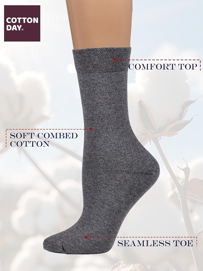 COTTON DAY Women's Soft Combed Cotton Dress Socks Seamless Toe Black White Gray Navy Blue Brown Beige