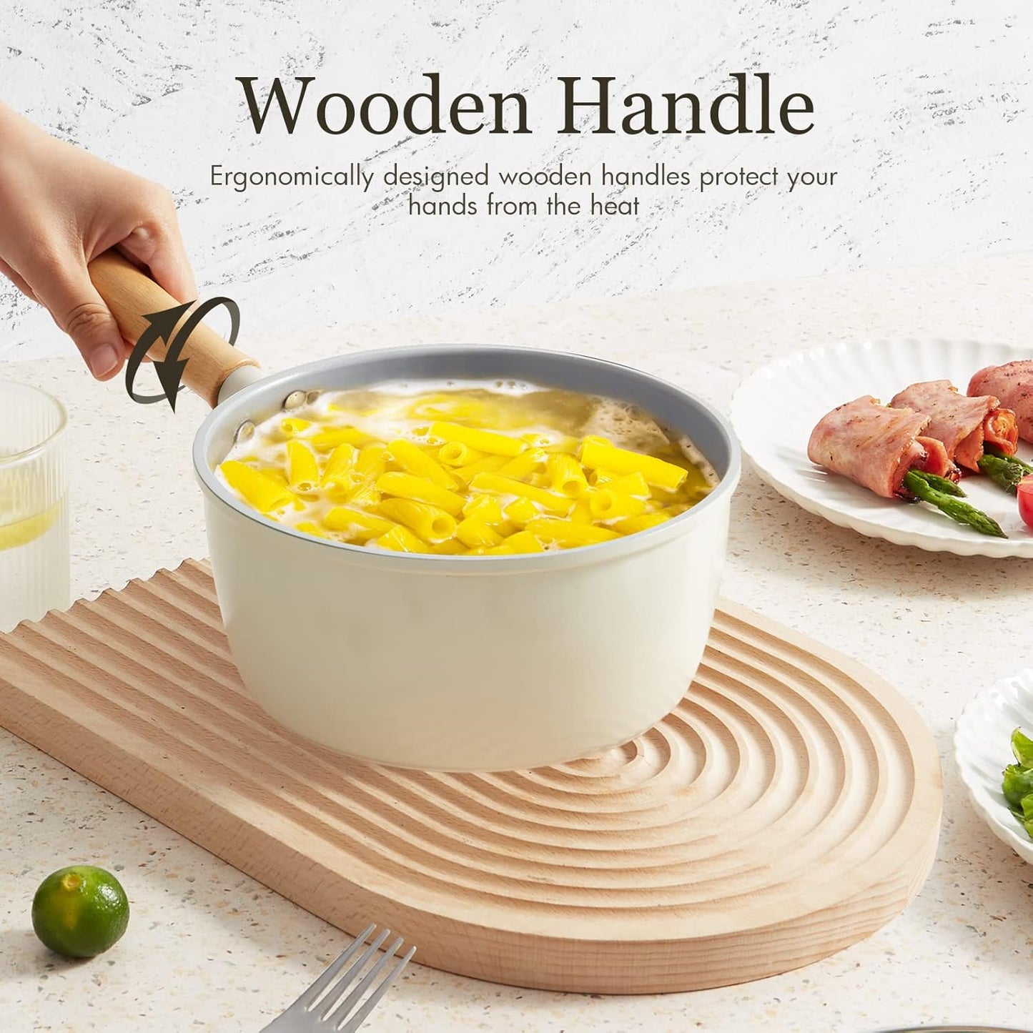 ROCKURWOK Ceramic Nonstick Sauce Pan with Lid, 2 Quart Cooking Pot, Small Saucepan with Steamer, PTFE & PFAS-Free, Wooden Handle for Cool Touch, Universal Base(Gas, Electric & Induction), White