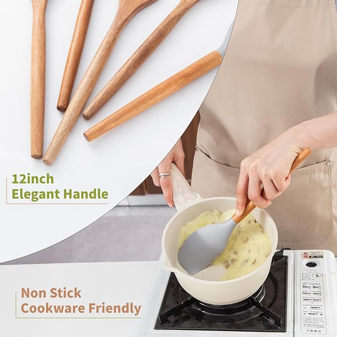 Wooden Cooking Utensils Set, Wood Spoons for Cooking, Non-Stick Kitchen Utensils Cooking Spoon Silicone Scraper Turner Spatula Shovel Slotted, Wood Utensils Set for Cooking 5 Piece Set