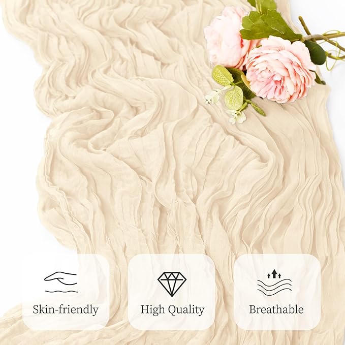 6 Pack Ivory Cheesecloth Table Runner 17x108 Inch Semi Sheer Boho Gauze Cheese Cloth Fabric Table Runners, for Wedding Party Baby Shower Birthday Home Decor Garden Farmhouse