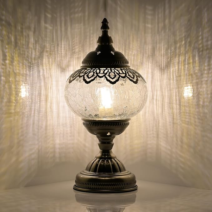 Turkish Moroccan Table Lamp Lantern with Handmade Mosaic Glass Lampshade Tiffany Style Bohemian Stained Glass Decorative Desk Lamps Bedside Night Lights for Bedroom (White 1)