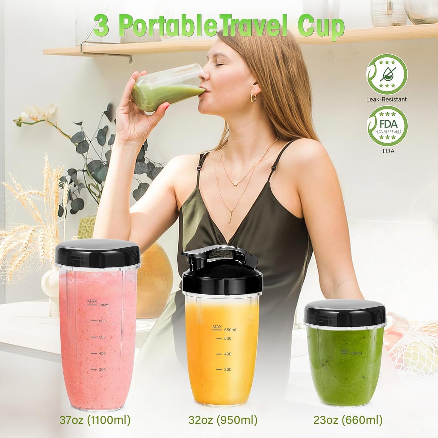 Nahida Blender for Smoothies, 1200W Smoothie Blender for Ice Crushing, Blenders with (2) 6-Fin Blades, Personal Blenders for Kitchen with 23oz, 32oz, 37oz Easy Go Cups for Juices, Silver